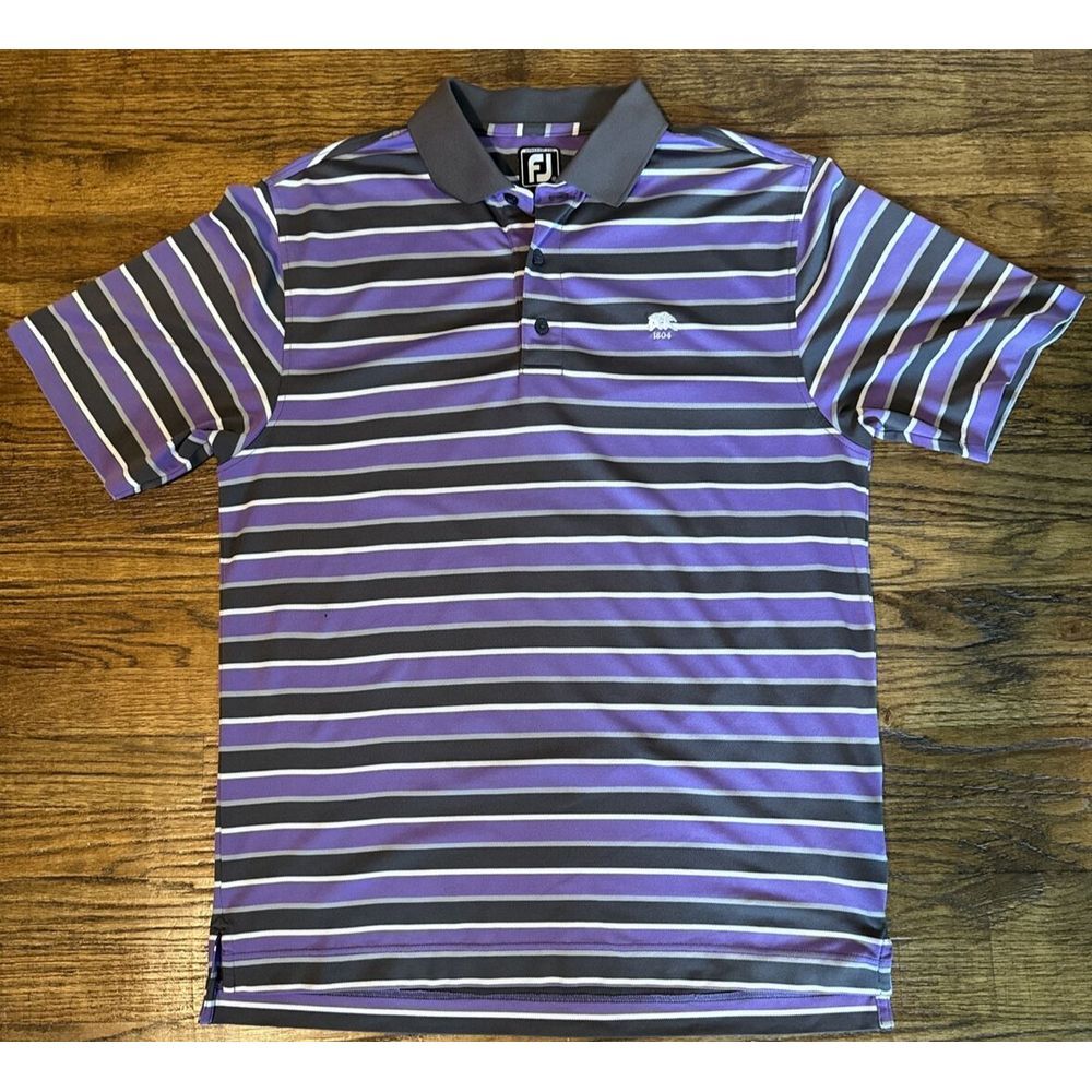 FootJoy Golf Shirt‎ Mens Med Rancho San Marcos logo Purple Brown Stripes